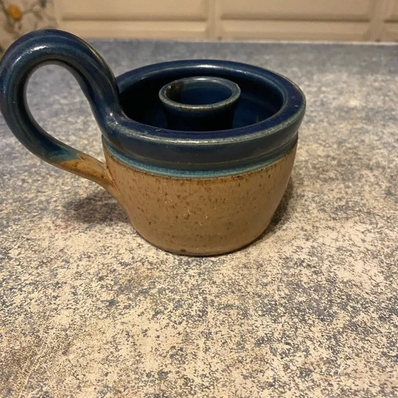 Blue and Tan Ceramic Candle Holder Handcrafted - Picture 7 of 9